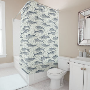 Sardines in Motion in navy and ivory Shower Curtain