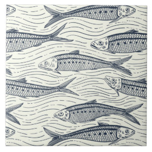 Sardines in Motion in navy and ivory Tile