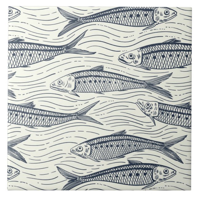 Sardines in Motion in navy and ivory Tile (Front)