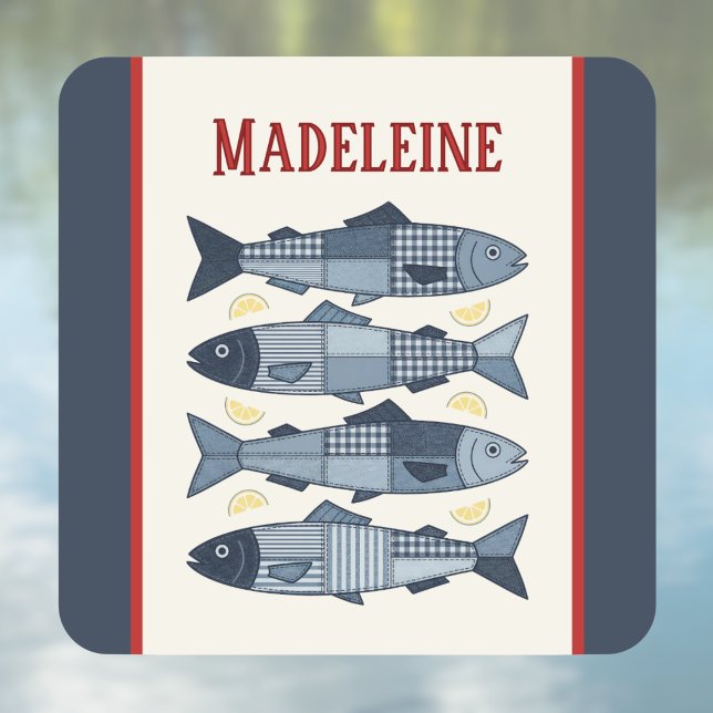 Sardines Lemons Patchwork Quilted Coastal Monogram Square Sticker (Creator Uploaded)