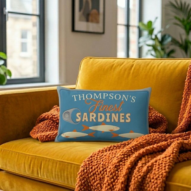 Sardines Tinned Fish Personalized Lumbar Cushion (Fun Personalized Sardines Tinned Fish Lumbar Pillow adds a pop of color and retro style to your sofa)