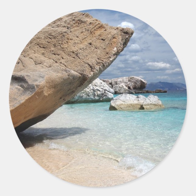 Sardinia beach with big rocks round sticker (Front)