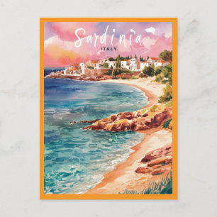Sardinia  Italy Beach Watercolor Painting Postcard