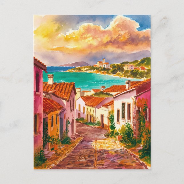 Sardinia  Italy Street Watercolor Painting Postcard (Front)