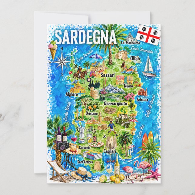 Sardinia Watercolor Travel Map Postcard (Front)