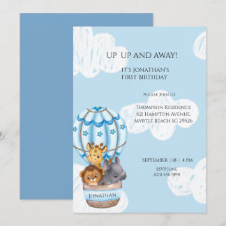 Sarfari Animal Hot Air Balloon Boys First Birthday Invitation