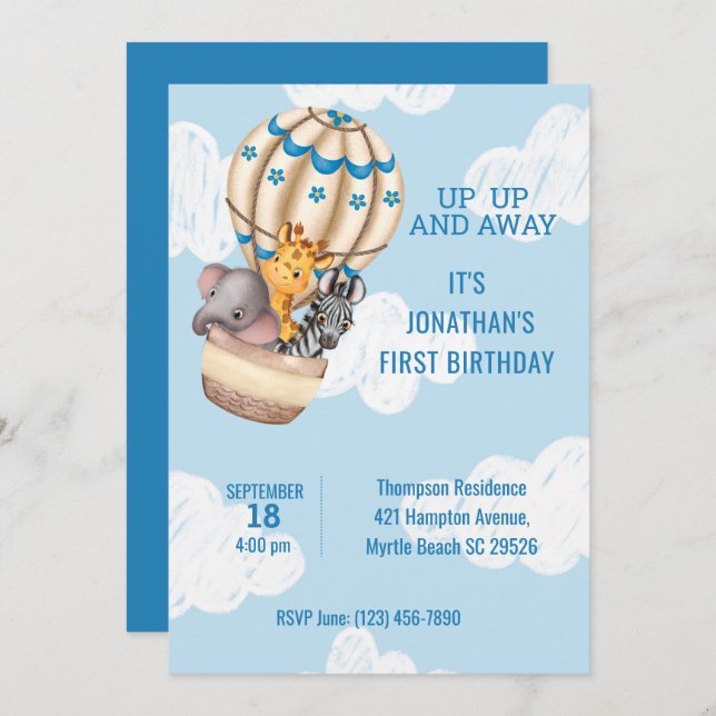 Sarfari Animal Hot Air Balloon Boys First Birthday Invitation (Front/Back)