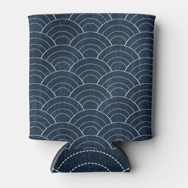 Sashiko Embroidery: Indigo Japanese Pattern. Can Cooler (Front)