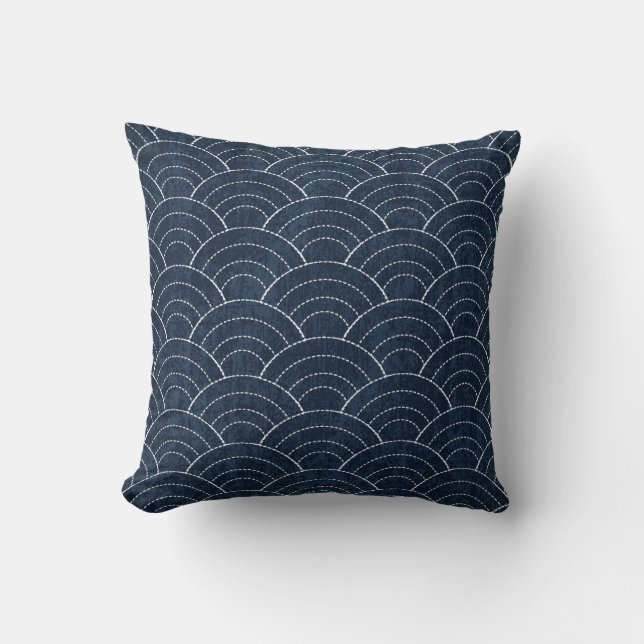 Sashiko Embroidery: Indigo Japanese Pattern. Cushion (Front)