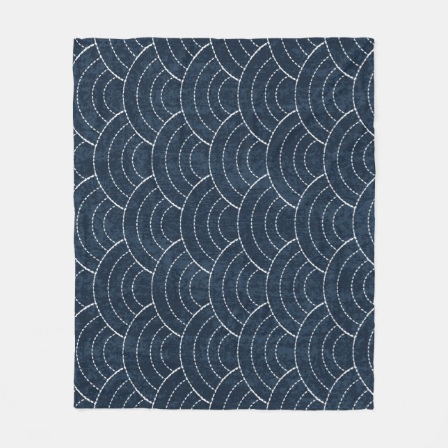 Sashiko Embroidery: Indigo Japanese Pattern. Fleece Blanket (Front)
