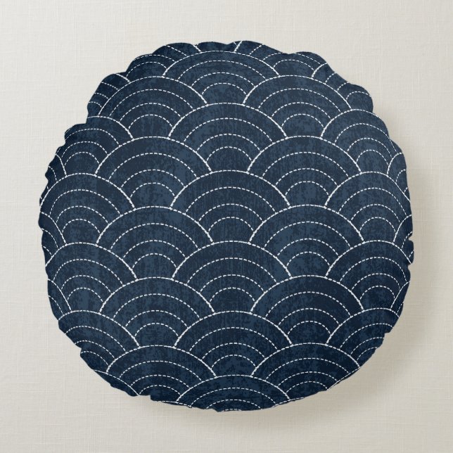 Sashiko Embroidery: Indigo Japanese Pattern. Round Cushion (Front)