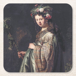 Saskia van Uylenburgh as Flora, Rembrandt, 1634 Square Paper Coaster