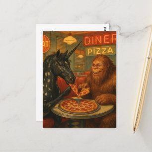 Sasquatch and a Unicorn Appaloosa Eating Pizza Postcard