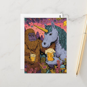 Sasquatch and a Unicorn Enjoying Beer Postcard