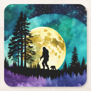 Sasquatch and Bear on the mountain *personalise* Square Paper Coaster