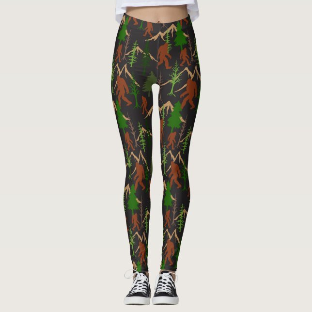 Sasquatch and Forest Trees Bigfoot Patterned Leggings (Front)