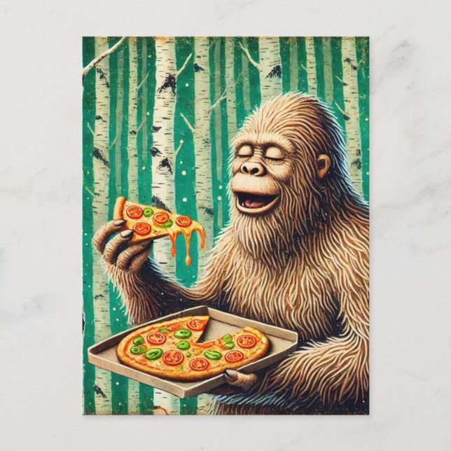 Sasquatch and the Pizza in a Birch Tree Forest Postcard (Front)