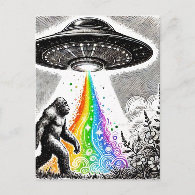 Sasquatch and the UFO in a Meadow Postcard (Front)