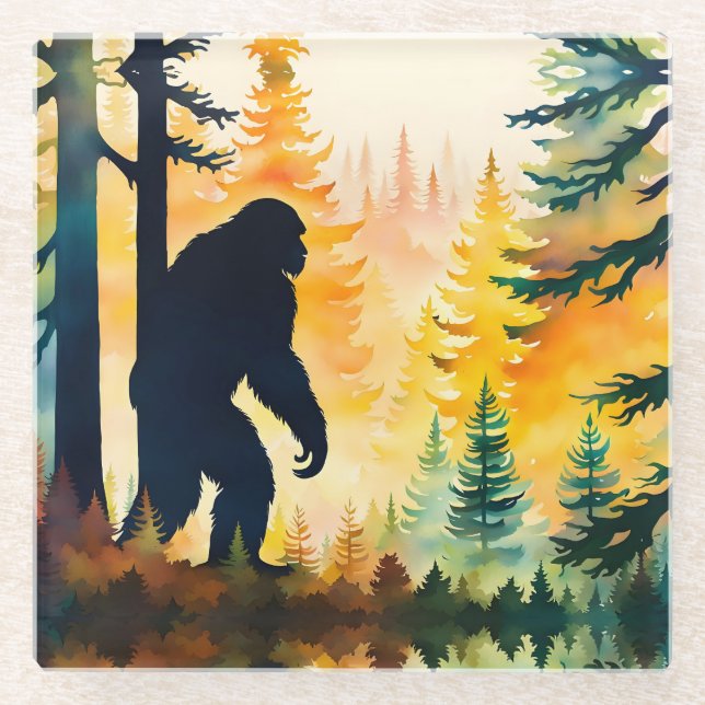 Sasquatch Autumn Landscape Sunset Glass Coaster (Front)