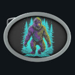 Sasquatch Bigfoot in Teal and Black Personalised Belt Buckle<br><div class="desc">Retro Bigfoot in teal,  purple and black standing by pine trees ai art for Sasquatch enthusiasts.</div>