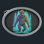 Sasquatch Bigfoot in Teal and Black Personalised Belt Buckle<br><div class="desc">Retro Bigfoot in teal,  purple and black standing by pine trees ai art for Sasquatch enthusiasts.</div>