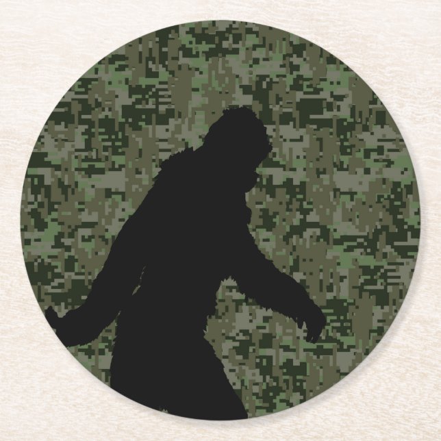 Sasquatch Black Silhouette Digital Camouflage Round Paper Coaster (Front)