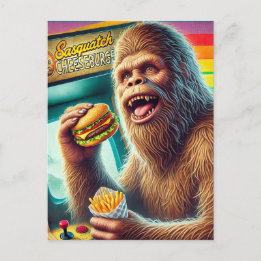 Sasquatch Cheeseburger and Fries Retro Arcade Postcard