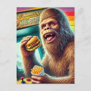 Sasquatch Cheeseburger and Fries Retro Arcade Postcard