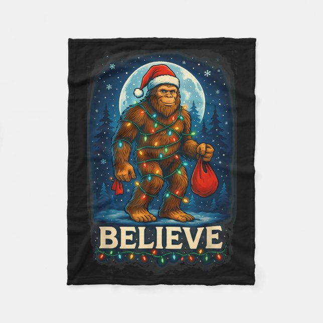 Sasquatch Christmas Lights Holiday Believe  Fleece Blanket (Front)