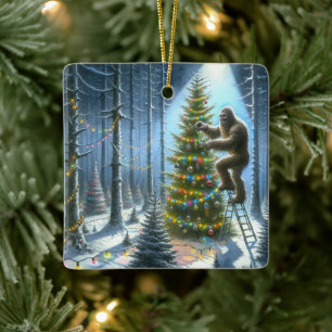Sasquatch Decorating Christmas Trees Funny Ceramic Ornament