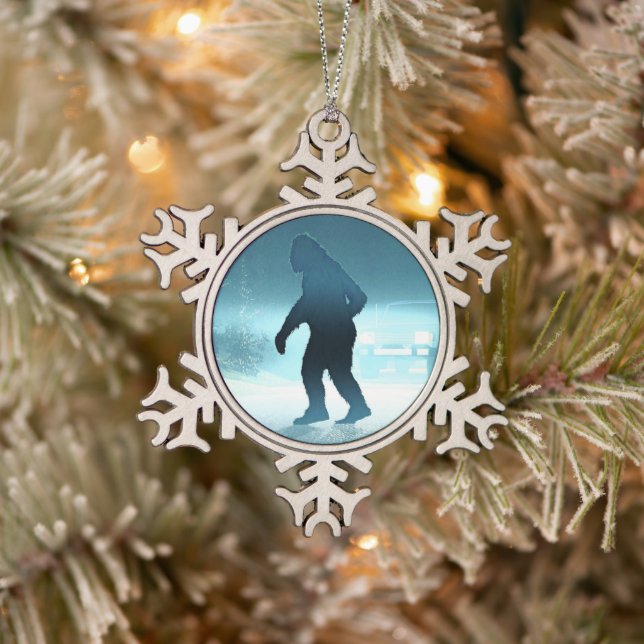 Sasquatch Encounter Snowflake Pewter Christmas Ornament (Tree)