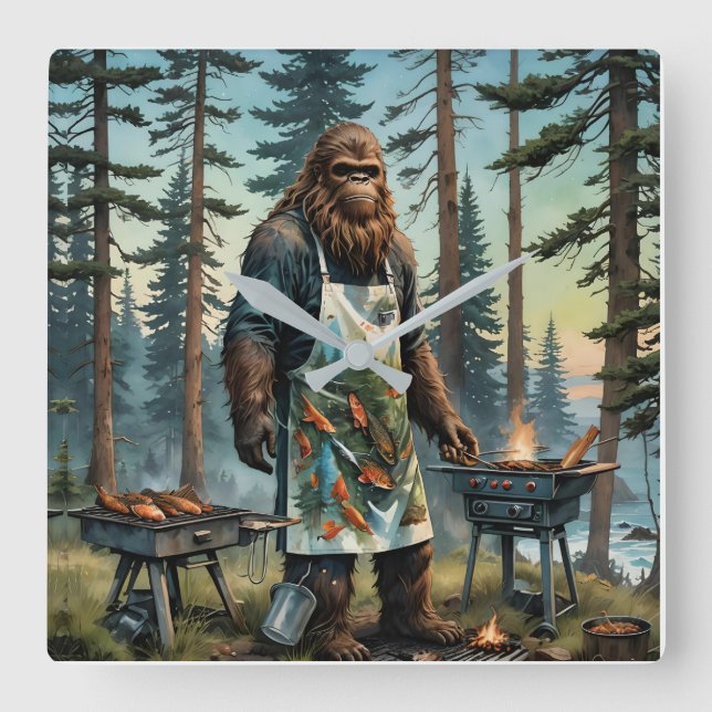 Sasquatch Fish Grillmaster Dad Square Wall Clock (Front)