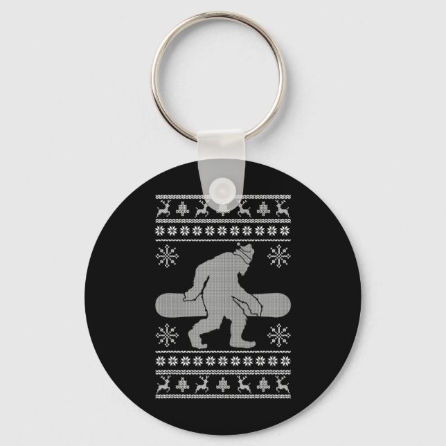Sasquatch Going Snowboarding Ugly Christmas Bigfoo Key Ring (Front)