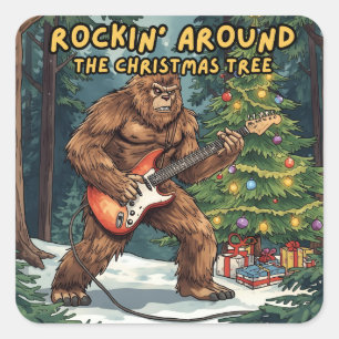 Sasquatch Guitar Rockin' Around Christmas Tree Square Sticker