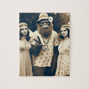 Sasquatch Hippie Sepia With Two Women Jigsaw Puzzle