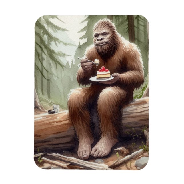 Sasquatch in mossy forest with a cheesecake magnet (Vertical)
