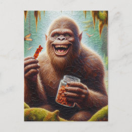 Sasquatch in mossy forest with found jar of jerky postcard