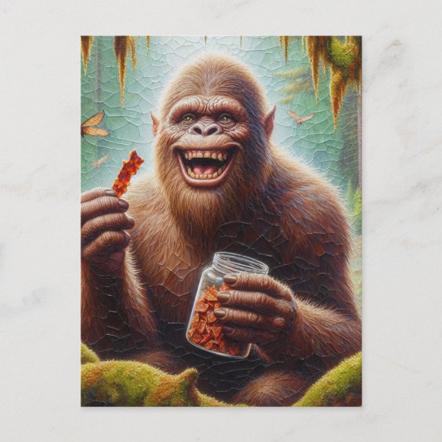 Sasquatch in mossy forest with found jar of jerky postcard (Front)