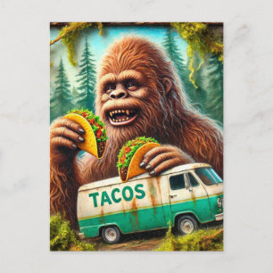 Sasquatch in mossy forest with tacos postcard