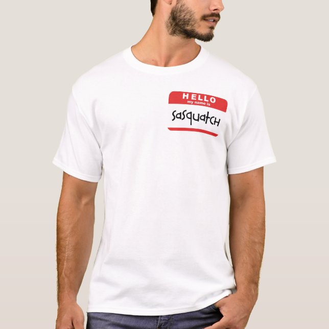 Sasquatch name badge t-shirt big foot spoof (Front)