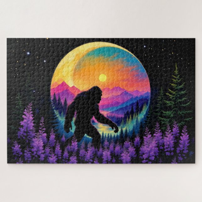 Sasquatch Rainbow Mountain Moon Wall Clock Jigsaw Puzzle (Horizontal)