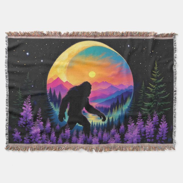 Sasquatch Rainbow Mountain Moon Wall Clock Throw Blanket (Front)