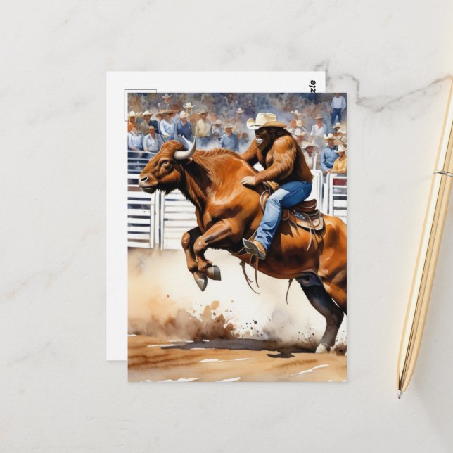 Sasquatch Rides Brown Bull in Rodeo Watercolor Postcard (Front/Back In Situ)