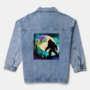 Sasquatch Silhouette Walking on the Mountain-Moon Denim Jacket
