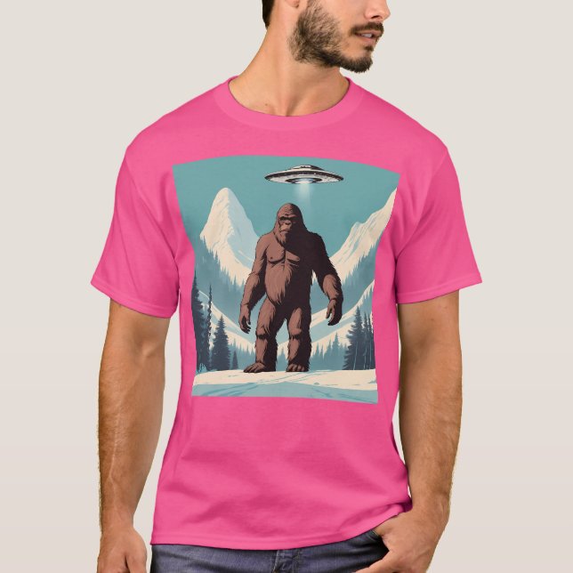Sasquatch Ufo Snowy Mountain Scene T-Shirt (Front)