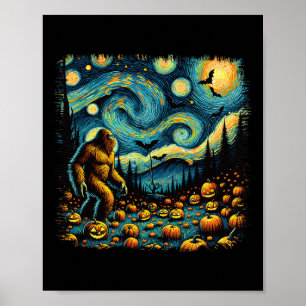 Sasquatch Van Gogh Starry Night Halloween Big Foot Poster