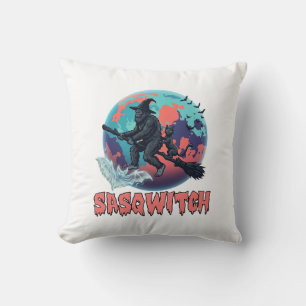 Sasqwitch Bigfoot Witch Broom Black Cat Moon Hallo Cushion