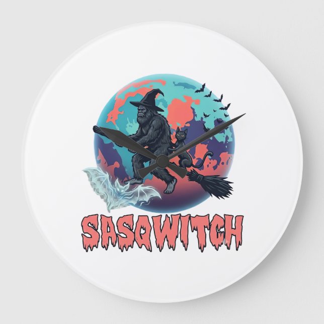 Sasqwitch Bigfoot Witch Broom Black Cat Moon Hallo Large Clock (Front)
