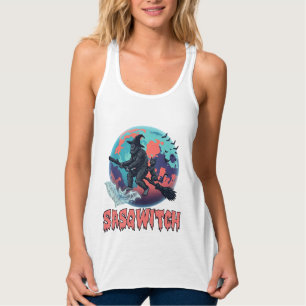 Sasqwitch Bigfoot Witch Broom Black Cat Moon Hallo Singlet