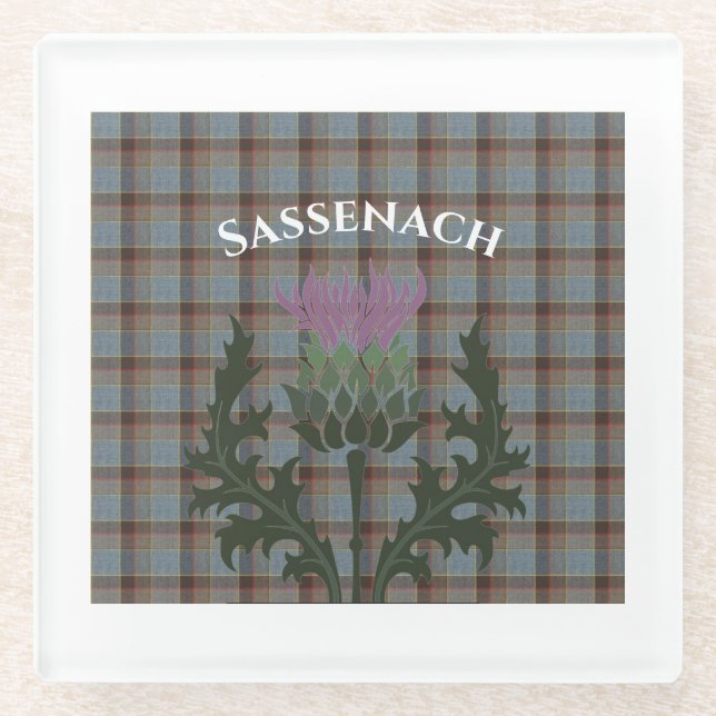 Sassenach with Scottish Thistle on Fraser Tartan Glass Coaster (Front)